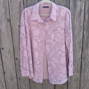 Pretty Garden size L blouse soft pink lace applique lined collar full button